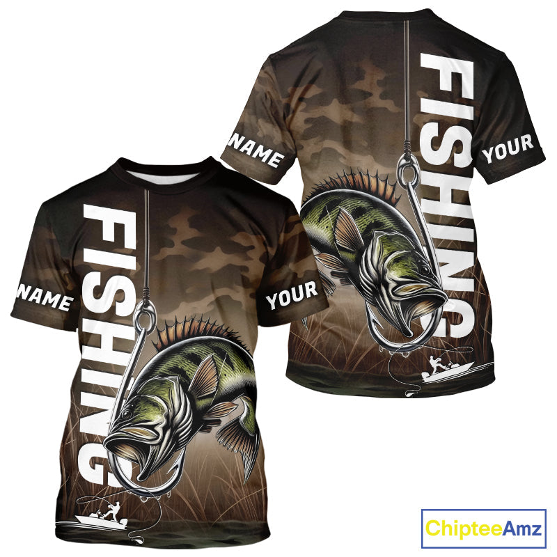 Brown Camouflage Fish Hook Custom Largemouth Bass Tournament Fishing T-Shirts IPHW9212