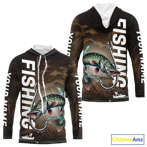 Brown Camouflage Fish Hook Custom Pike Long Sleeve Hooded Tournament Fishing Shirts IPHW9214