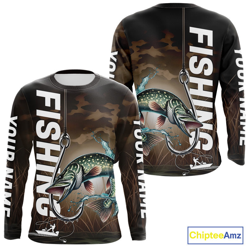 Brown Camouflage Fish Hook Custom Pike Long Sleeve Tournament Fishing Shirts IPHW9214
