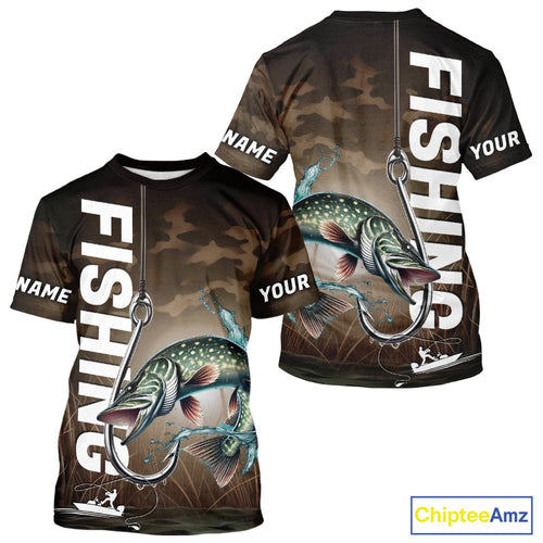 Brown Camouflage Fish Hook Custom Pike Tournament Fishing T-Shirts IPHW9214