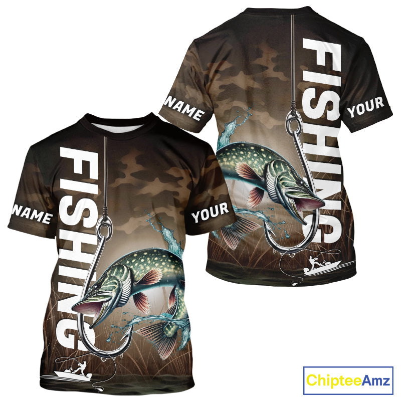 Brown Camouflage Fish Hook Custom Pike Tournament Fishing T-Shirts IPHW9214