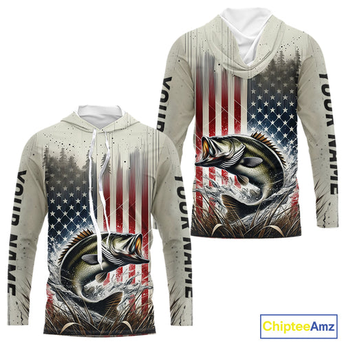 Custom Patriotic US Flag Largemouth Bass Long Sleeve Hooded Fishing Shirts, Bass Fishing Jerseys IPHW9215
