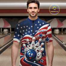 Load image into Gallery viewer, Front view of a male model wearing a bowling quarter zip shirt featuring a funny bowling ball surrounded by cheerful animated pins with flowing American flag waves and scattered stars in a bowling lane.