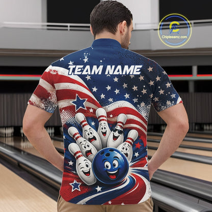 Front view of a male model wearing a bowling quarter zip shirt featuring a funny bowling ball surrounded by cheerful animated pins with flowing American flag waves and scattered stars in a bowling lane.