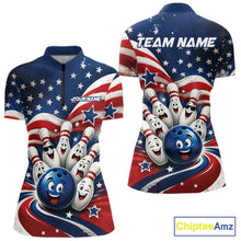 Load image into Gallery viewer, Front and back view of a women's bowling quarter zip mockup featuring a funny bowling ball surrounded by cheerful animated pins with flowing American flag waves and scattered stars.