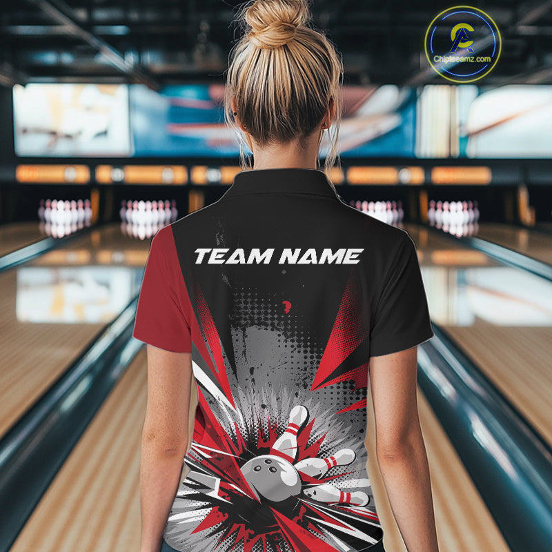 Custom Black And Red Grunge Bowling Ball And Pins Explosion Team Polo Shirts For Women IPHW9547