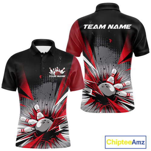 Custom Black And Red Grunge Bowling Ball And Pins Explosion Team Polo Shirts For Men IPHW9547