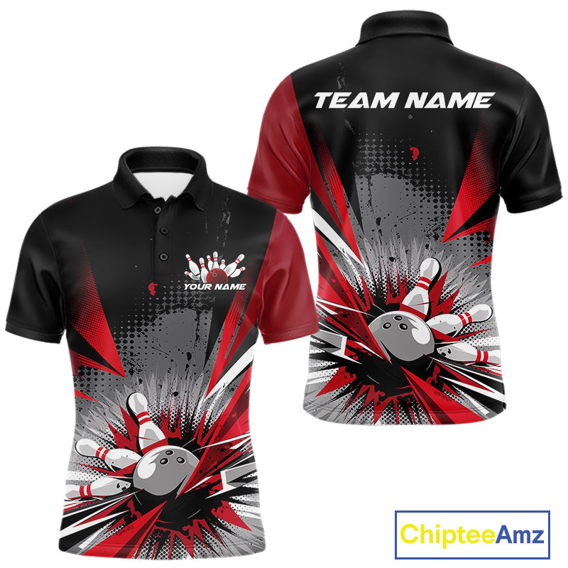 Custom Black And Red Grunge Bowling Ball And Pins Explosion Team Polo Shirts For Men IPHW9547