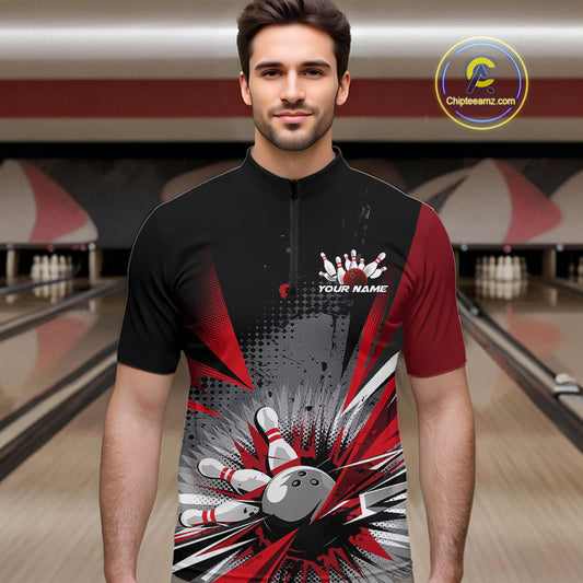 Custom Black And Red Grunge Bowling Ball And Pins Explosion Team Quarter-Zip Shirts For Men IPHW9547
