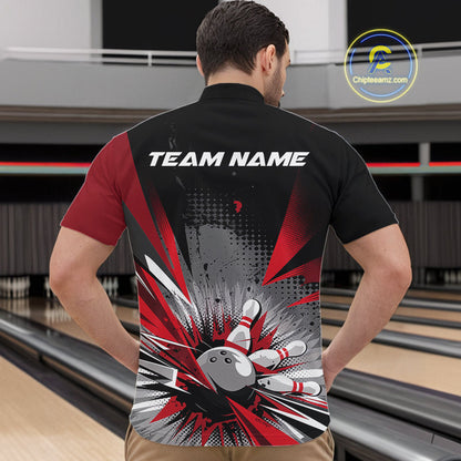Custom Black And Red Grunge Bowling Ball And Pins Explosion Team Quarter-Zip Shirts For Men IPHW9547