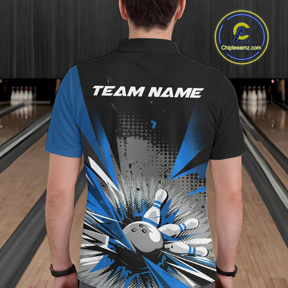 Custom Black And Blue Grunge Bowling Ball And Pins Explosion Team Polo Shirts For Men IPHW9548
