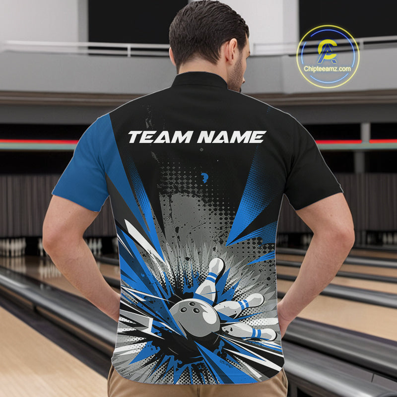 Custom Black And Blue Grunge Bowling Ball And Pins Explosion Team Quarter-Zip Shirts For Men IPHW9548