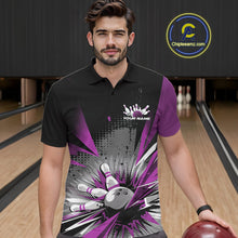 Load image into Gallery viewer, Custom Black And Purple Grunge Bowling Ball And Pins Explosion Team Polo Shirts For Men IPHW9549