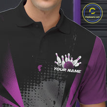 Load image into Gallery viewer, Custom Black And Purple Grunge Bowling Ball And Pins Explosion Team Polo Shirts For Men IPHW9549