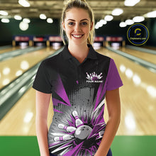 Load image into Gallery viewer, Custom Black And Purple Grunge Bowling Ball And Pins Explosion Team Polo Shirts For Women IPHW9549