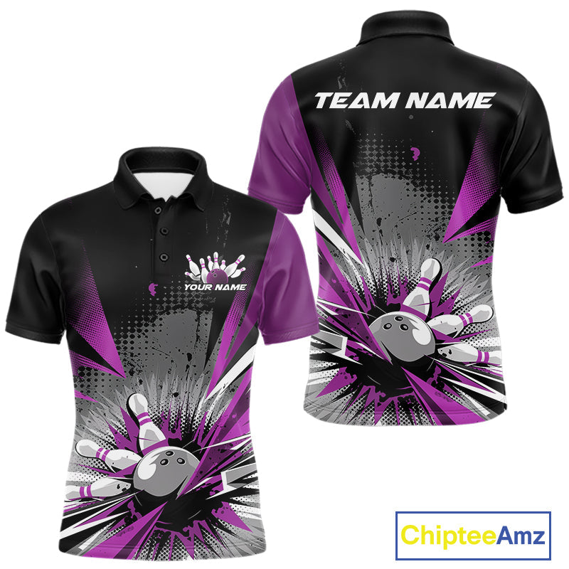 Custom Black And Purple Grunge Bowling Ball And Pins Explosion Team Polo Shirts For Men IPHW9549