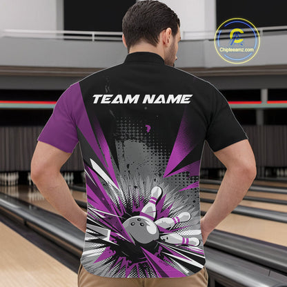 Custom Black And Purple Grunge Bowling Ball And Pins Explosion Team Quarter-Zip Shirts For Men IPHW9549
