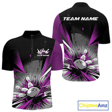 Load image into Gallery viewer, Custom Black And Purple Grunge Bowling Ball And Pins Explosion Team Quarter-Zip Shirts For Men IPHW9549