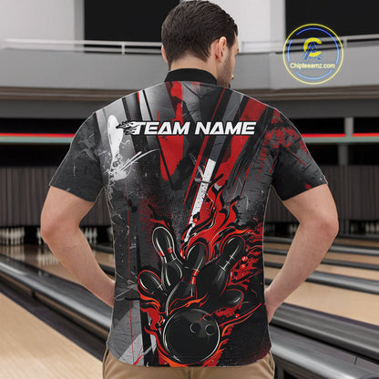 Custom Grunge Black And Red Fire Flame Bowling Quarter-Zip Shirts For Men, Bowling Team Uniform IPHW9555