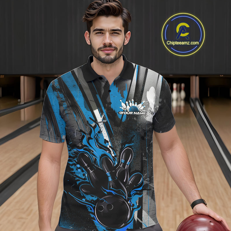 Custom Grunge Black And Blue Fire Flame Bowling Polo Shirts For Men, Bowling Team Uniform IPHW9556