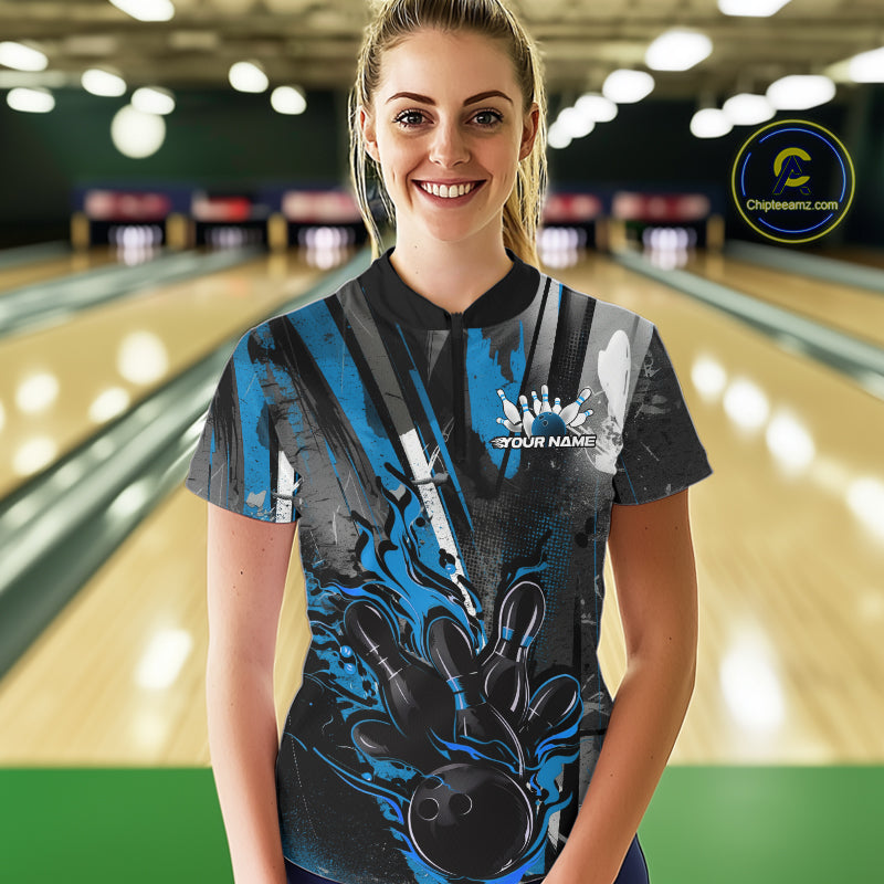 Custom Grunge Black And Blue Fire Flame Bowling Women Quarter-Zip Shirt, Bowling Uniform IPHW9556