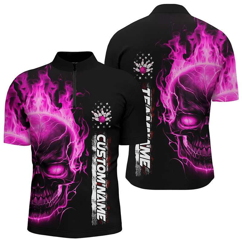 Flame Skull American Flag Custom Team Bowling Shirts For Men, Patriotic Bowling Shirt IPHW5156