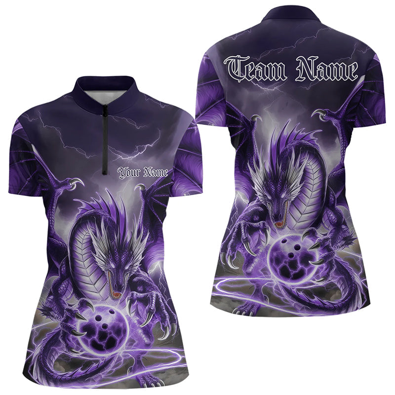 Purple Thunder Lightning Custom Dragon Bowling Quarter-Zip Shirts For Women, Team Uniform IPHW8256