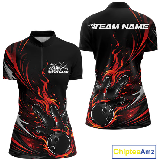 Custom Black And Red Fire Flame Bowling Women Jerseys, Bowling League Quarter-Zip Shirt IPHW10308