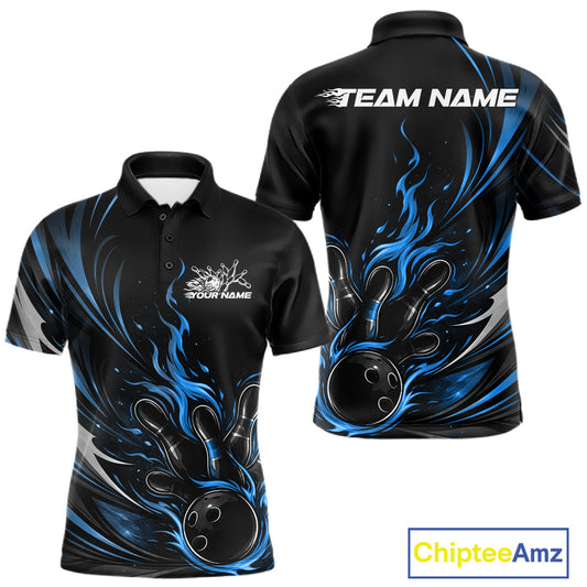 Custom Black And Blue Fire Flame Bowling Men Jerseys, Bowling League Polo Shirt IPHW10309