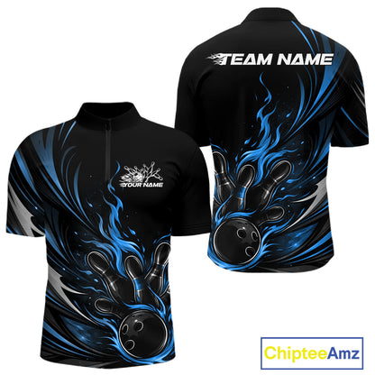 Custom Black And Blue Fire Flame Bowling Men Jerseys, Bowling League Quarter-Zip Shirt IPHW10309