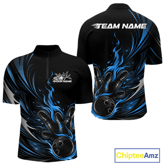 Custom Black And Blue Fire Flame Bowling Men Jerseys, Bowling League Quarter-Zip Shirt IPHW10309