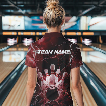 Custom Black And Red Thunder Lightning Bowling Quarter-Zip Shirt For Women, Bowling Jerseys IPHW8514