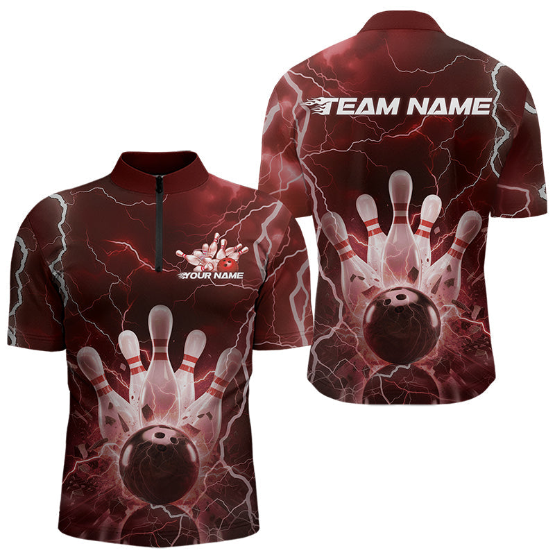 Custom Black And Red Thunder Lightning Bowling Quarter-Zip Team Shirts For Men, Bowling Jerseys IPHW8514