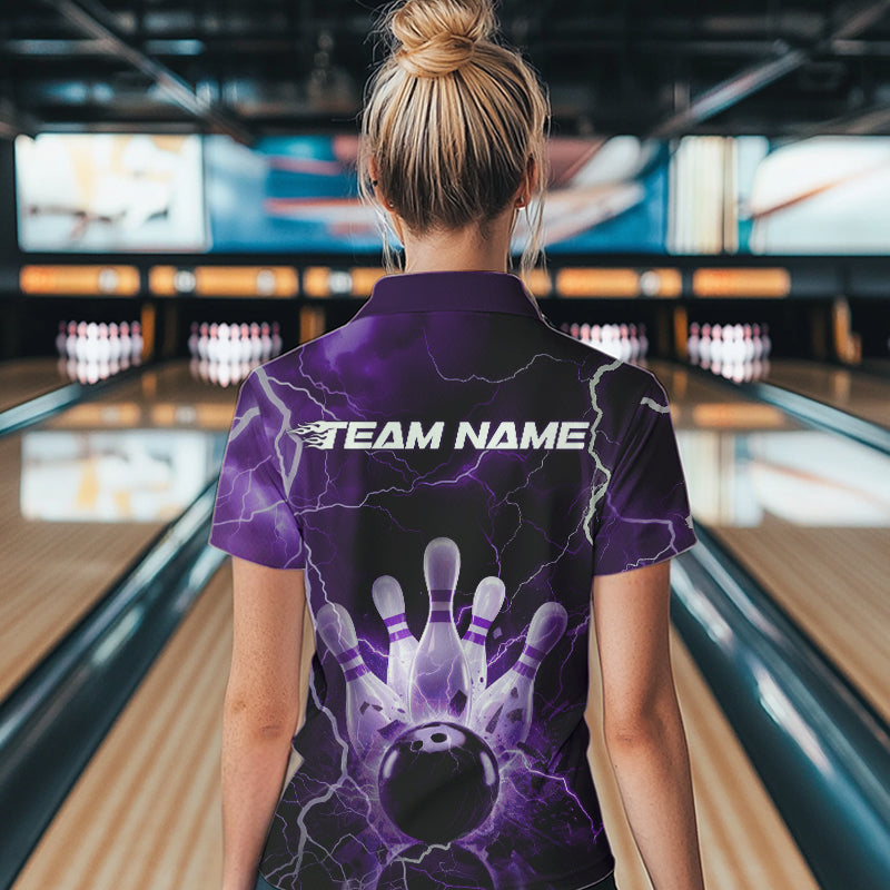 Custom Black And Purple Thunder Lightning Bowling Quarter-Zip Shirts For Women IPHW8515