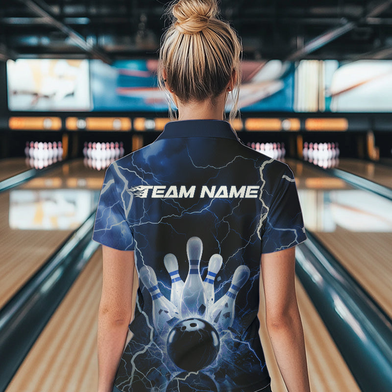 Custom Black And Blue Thunder Lightning Bowling Quarter-Zip Shirt For Women, Bowling Jersey IPHW8516