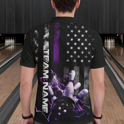 Custom Black And Purple Thin Line American Flag Patriotic US Bowling Team Polo Shirts For Men IPHW8517