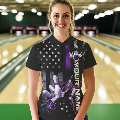 Custom Black And Purple Thin Line American Flag US Bowling Womens Quarter-Zip Shirts IPHW8517