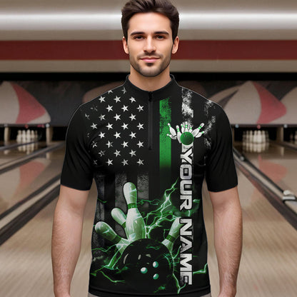 Custom Black And Green Thin Line American Flag Patriotic US Bowling Team Quarter-Zip Shirts For Men IPHW8519
