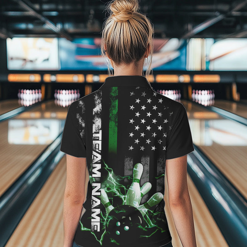 Custom Black And Green Thin Line American Flag US Bowling Team Womens Quarter-Zip Shirts IPHW8519