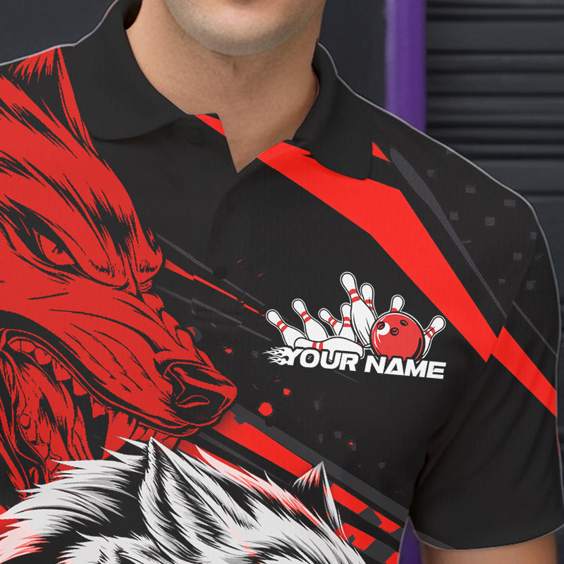 Custom Black And Red Wolf Bowling Men Polo Shirts, Wolf Bowling League Shirt Team Uniform IPHW8714