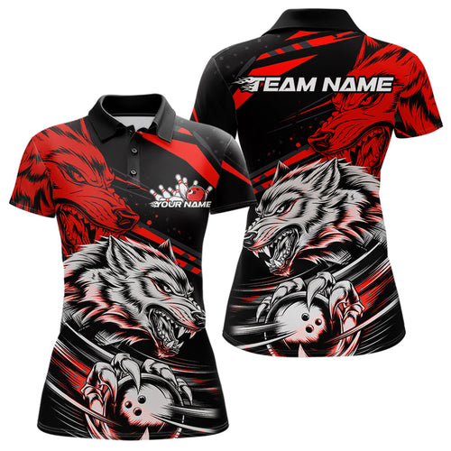 Custom Black And Red Wolf Bowling Women Polo Shirts, Wolf Bowling League Shirt Team Uniform IPHW8714