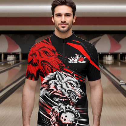 Custom Black And Red Wolf Bowling Men Quarter-Zip Shirts, Wolf Bowling League Shirt Team Uniform IPHW8714