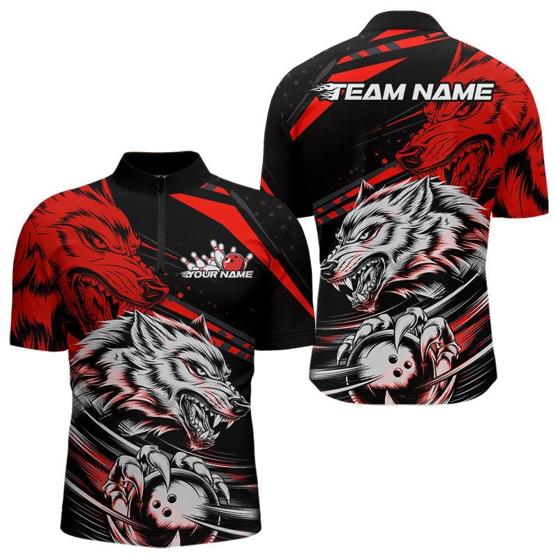Custom Black And Red Wolf Bowling Men Quarter-Zip Shirts, Wolf Bowling League Shirt Team Uniform IPHW8714