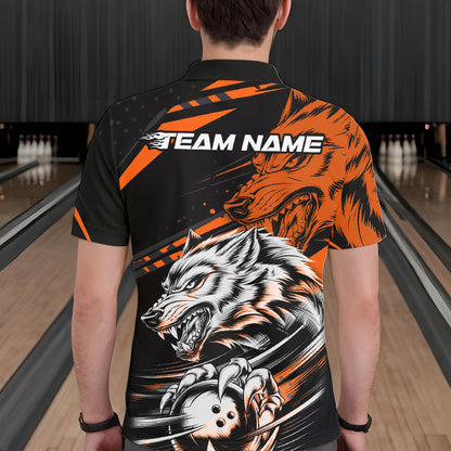 Custom Black And Orange Wolf Bowling Men Polo Shirts, Wolf Bowling League Shirt Team Uniform IPHW8715