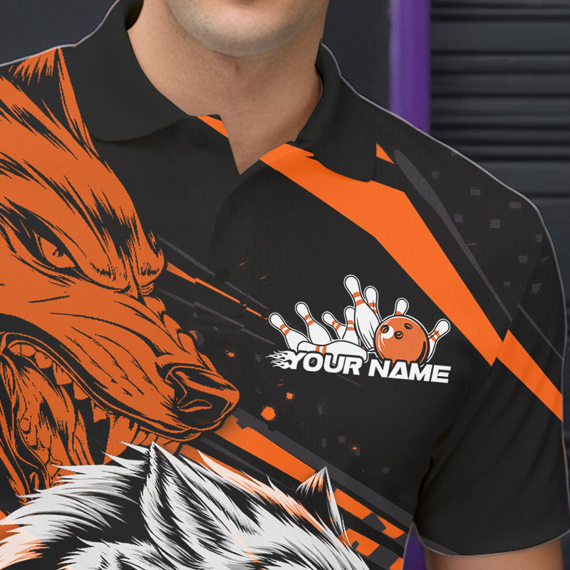 Custom Black And Orange Wolf Bowling Men Polo Shirts, Wolf Bowling League Shirt Team Uniform IPHW8715