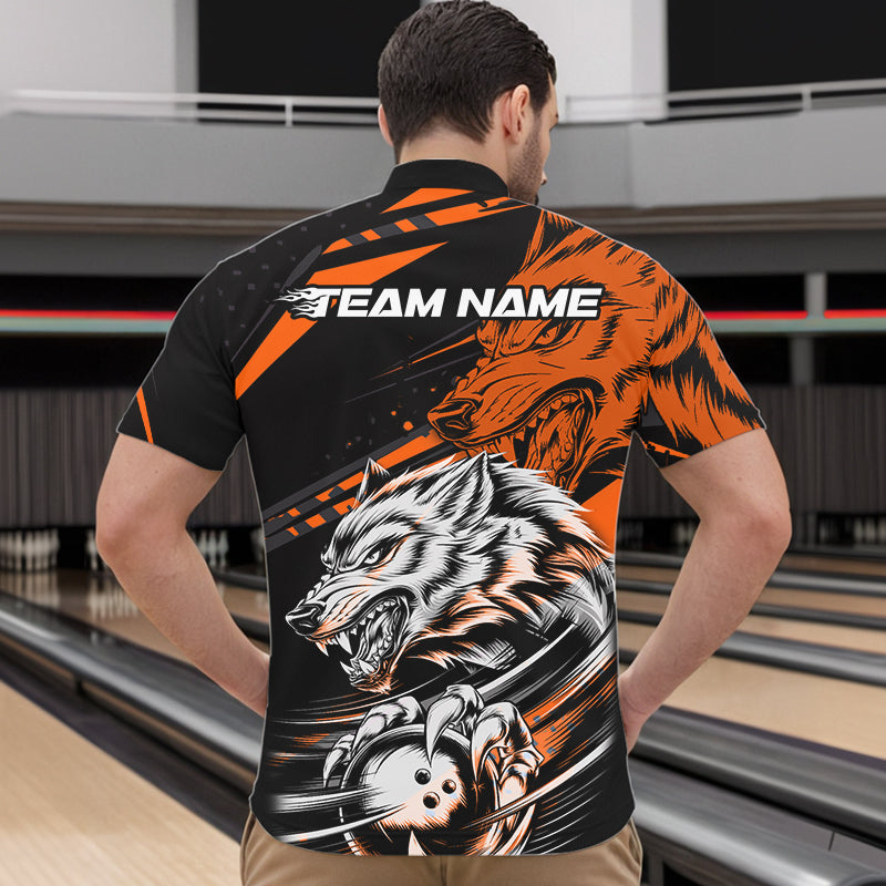 Custom Black And Orange Wolf Bowling Men Quarter-Zip Shirts, Wolf Bowling League Shirt Team Uniform IPHW8715