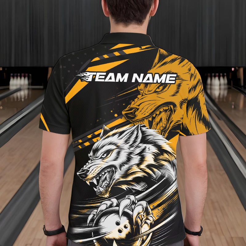 Custom Black And Yellow Wolf Bowling Men Polo Shirts, Wolf Bowling League Shirt Team Uniform IPHW8716