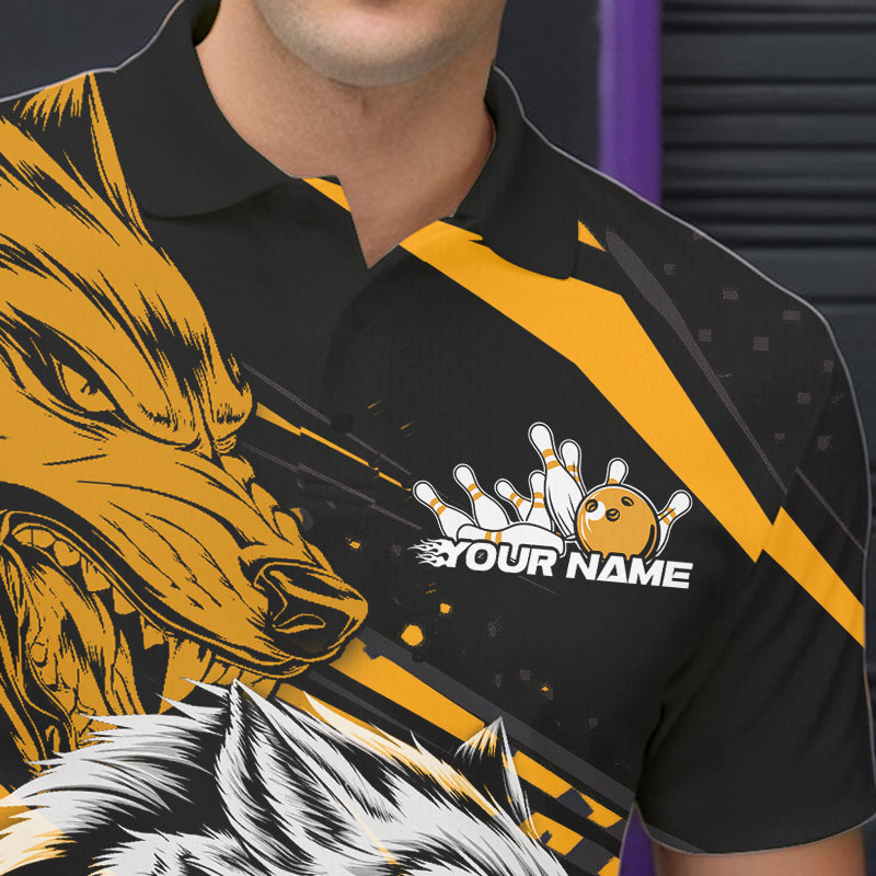 Custom Black And Yellow Wolf Bowling Men Polo Shirts, Wolf Bowling League Shirt Team Uniform IPHW8716