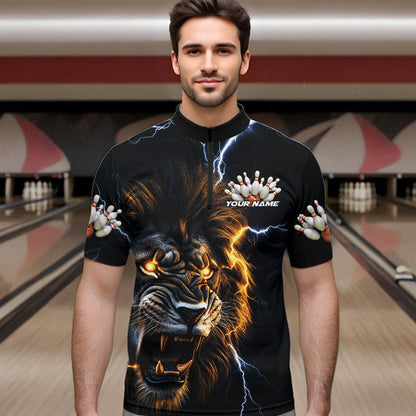 Custom Blue Thunder Lightning Lion Bowling Team Men Quarter-Zip Shirts, Lion Bowling League Shirt IPHW8986