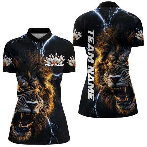 Custom Blue Thunder Lightning Lion Bowling Women Quarter-Zip Shirts, Bowling League Shirt IPHW8986